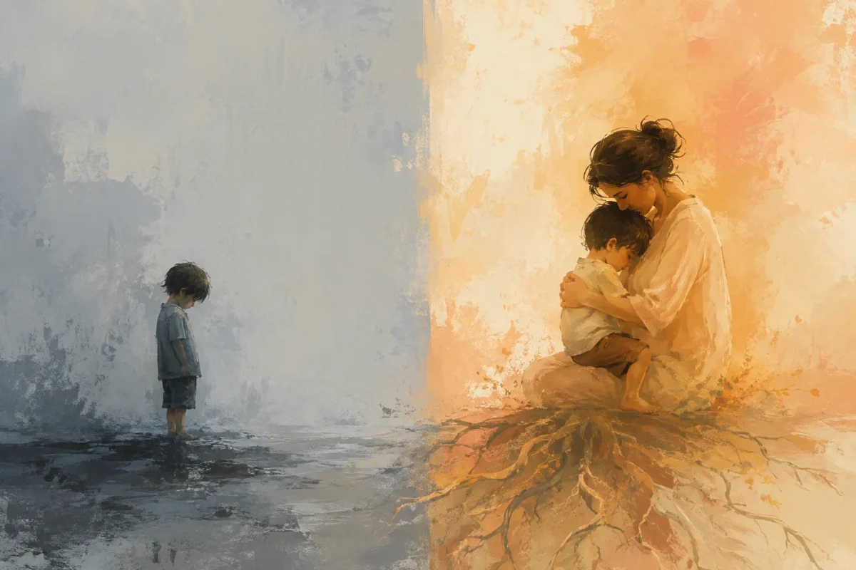Split illustration contrasting a child standing alone in muted grey tones with the same child held securely in warm light, showing the difference between early independence and emotional readiness