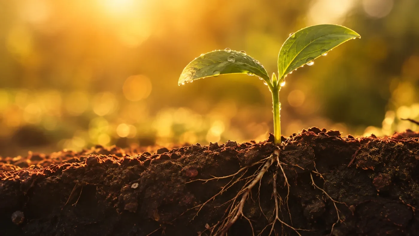 A seedling with tender new leaves emerging from rich soil in golden morning light, a metaphor for independence growing naturally out of secure attachment