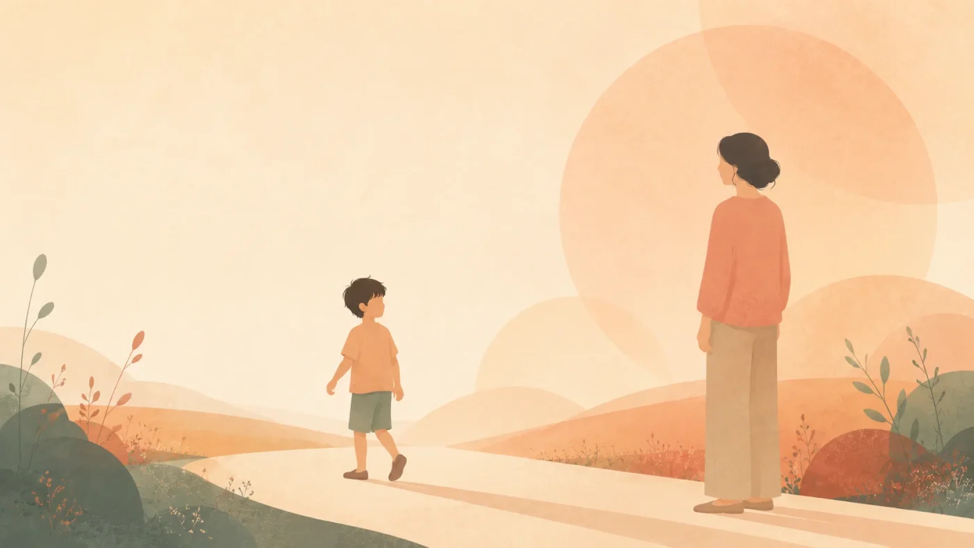 A child walking a few steps ahead on an open path, turning to look back toward a caregiver standing calmly behind, illustrating confident exploration from a secure base
