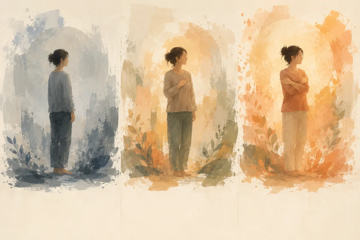 Three-panel illustration showing the PVC Heart sequence: first grounding with feet steady, then holding what you feel with a hand on the chest, then offering yourself warmth with arms wrapped gently around yourself