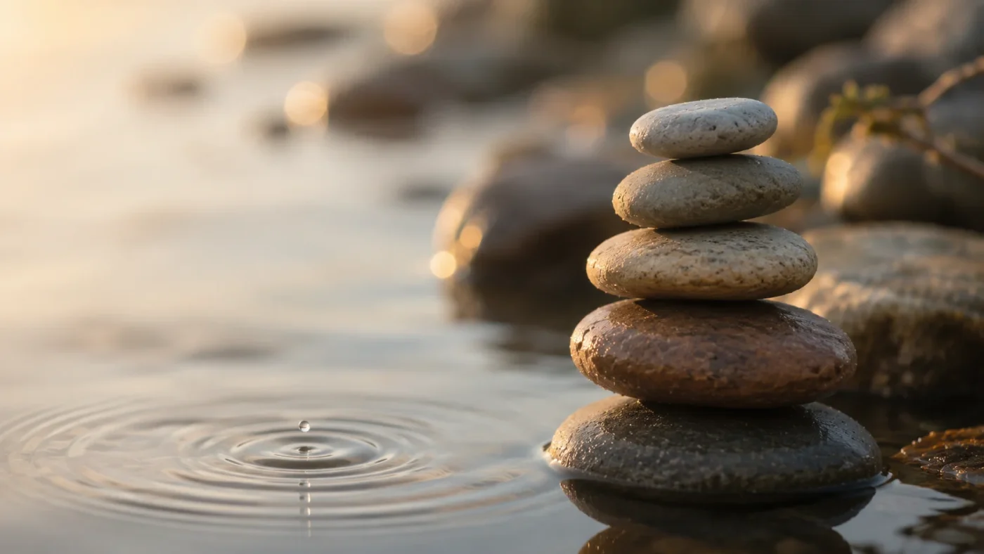 Smooth stacked river stones resting beside still water with a single gentle ripple spreading outward, a metaphor for grounding and steadying yourself before working with emotion