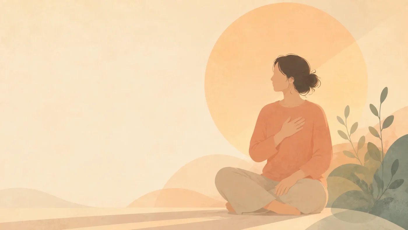 A person sitting calmly with one hand resting gently over their own heart, shoulders relaxed, illustrating the self-compassion step of the practice